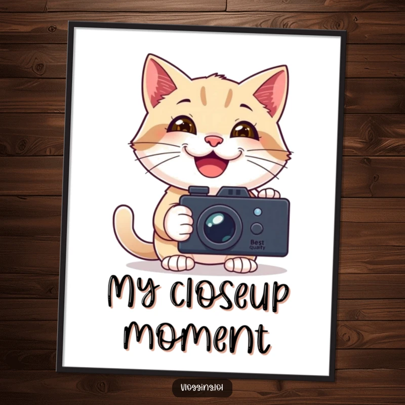 Funny poster print of a happy cat smiling widely while filming itself with a handheld camera, ready for its close-up.