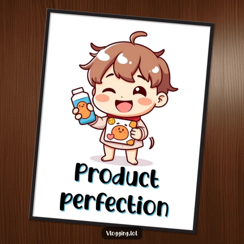 Funny poster art of a cheerful character enthusiastically demonstrating a product with a big smile, perfect for any room.