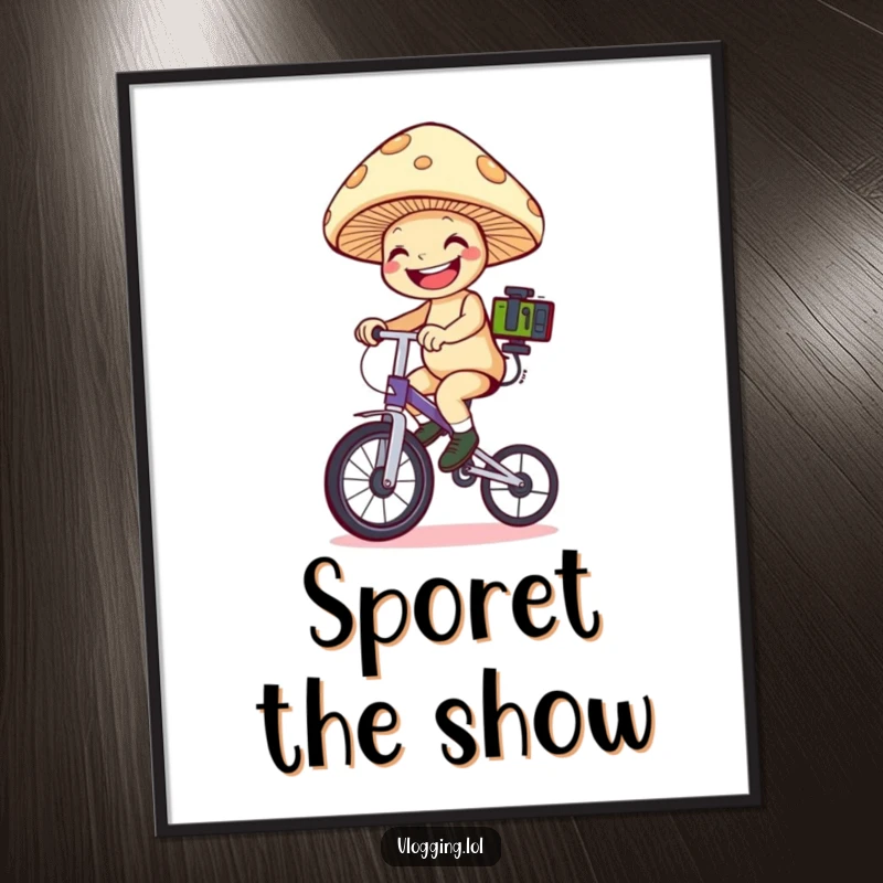 Funny mushroom unicyclist poster: A grinning mushroom balancing on a unicycle while filming, creating a whimsical scene. Ideal funny gift.