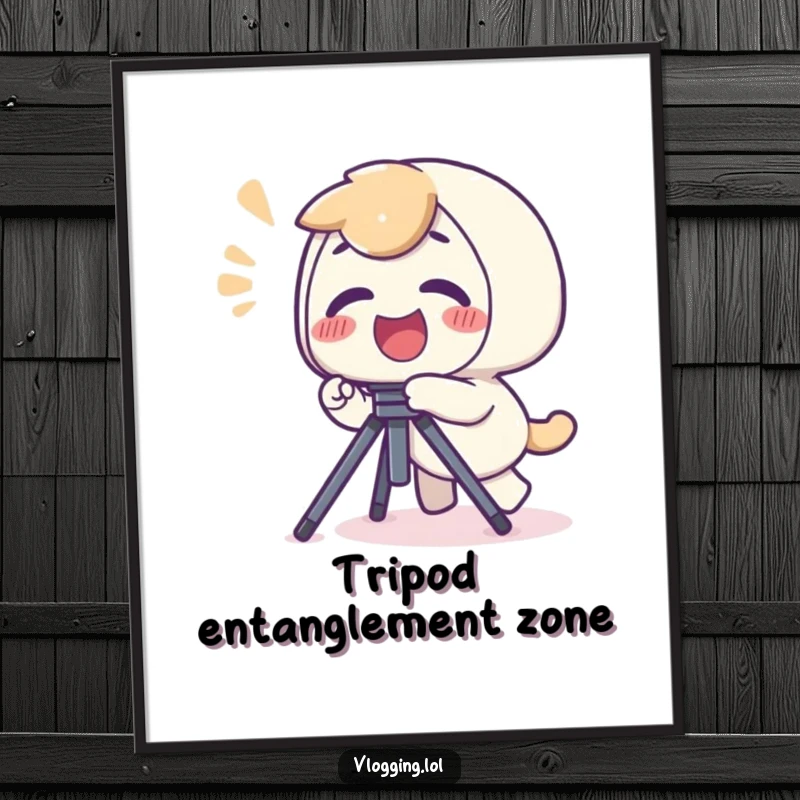 Funny poster featuring a giggling character mid-fall over a camera tripod, embodying playful clumsiness.