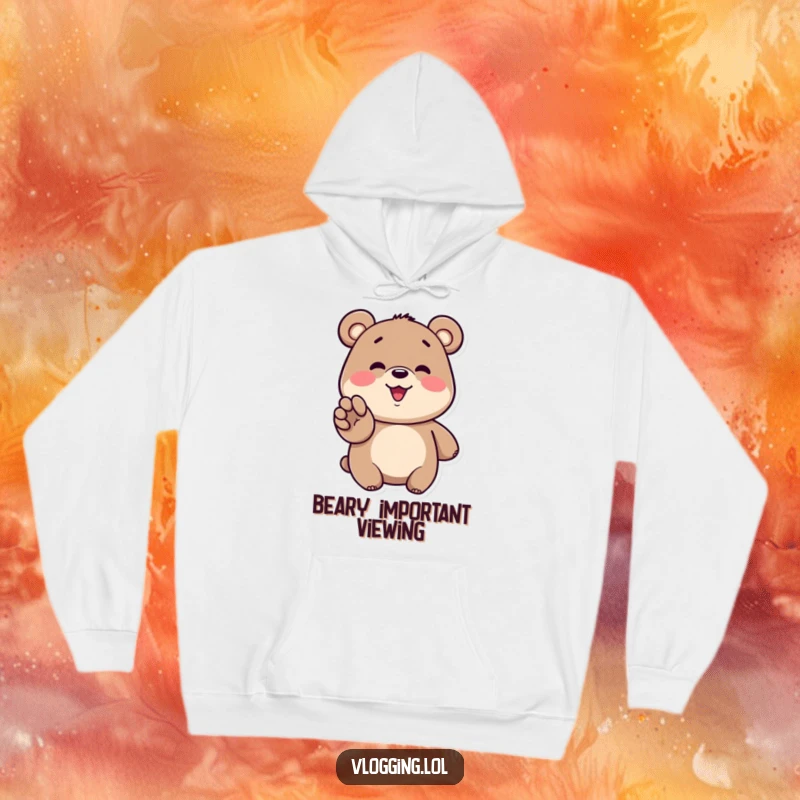 Funny bear hoodie showing a smiling bear gesturing enthusiastically towards a screen, perfect for sharing reactions.