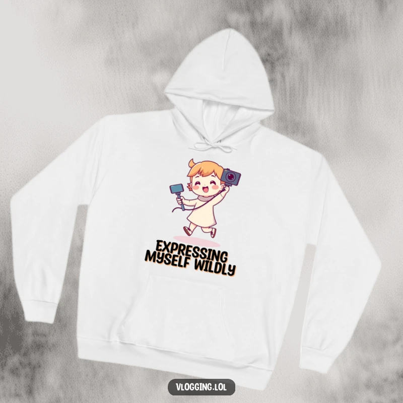 Funny hoodie showcases a character joyfully dancing and posing for a selfie with a camera on a stick, radiating fun.