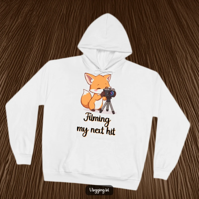 Funny Hoodie: A curious fox setting up a camera, exuding focus and creativity, a wonderfully warm funny gift.