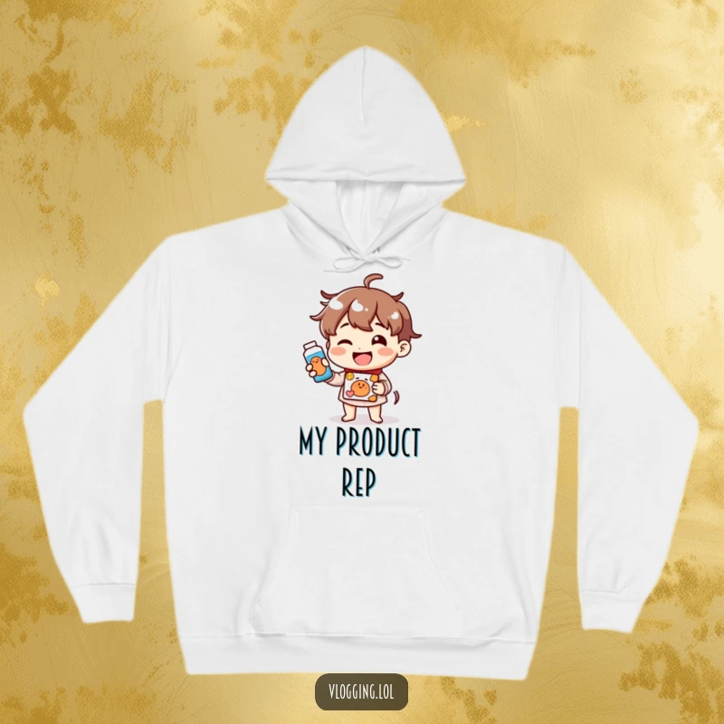 Funny hoodie featuring a character with a wide, cheerful smile demonstrating a product, perfect for showcasing enthusiasm.