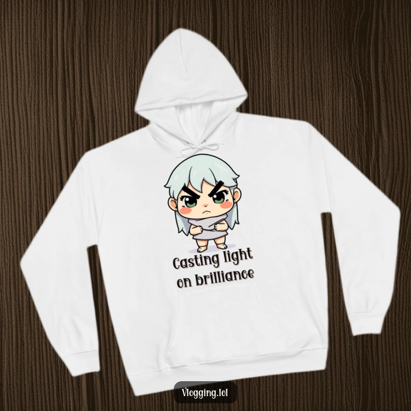 Funny hoodie depicting a creator with intense concentration adjusting lighting, capturing the serious side of artistic creation and a comfortable, humorous vibe.