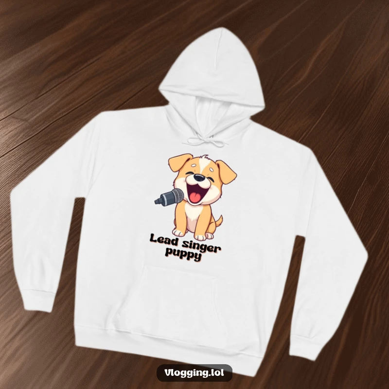 Funny puppy hoodie showing a happy puppy barking excitedly into a microphone, perfect for creators and dog fans.