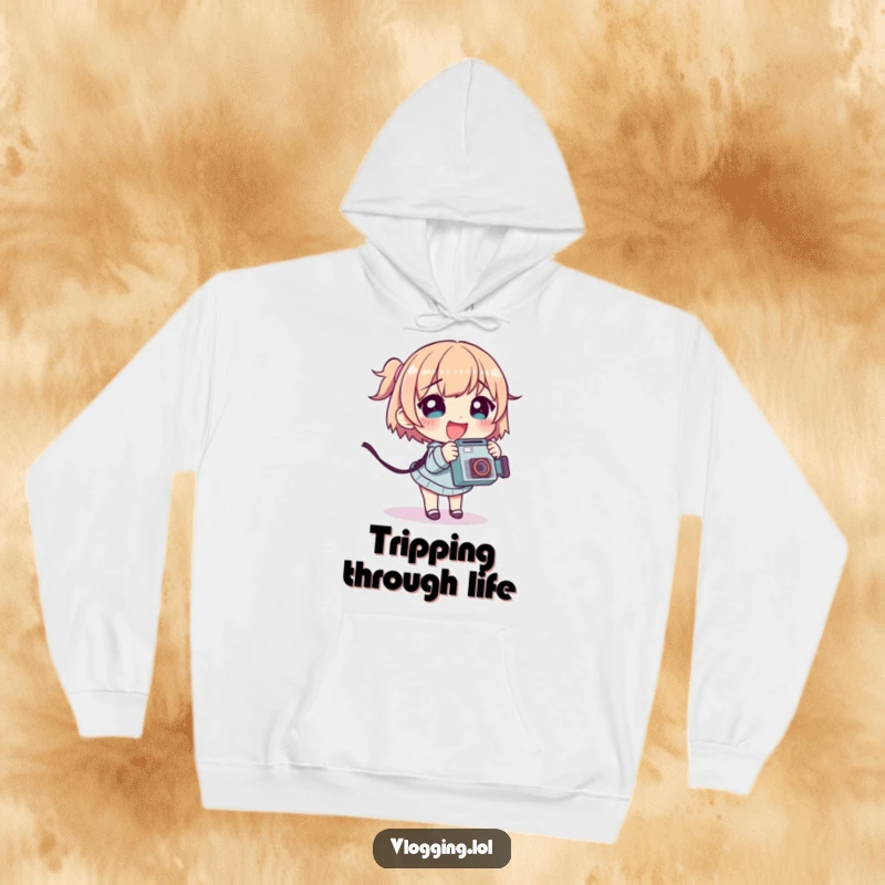 Funny hoodie featuring a giggling character stumbling mid-walk while holding a camera, embodying playful photography.