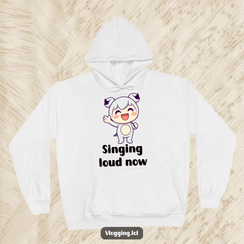 Funny hoodie featuring a happy character holding a microphone and waving enthusiastically, ready for a performance.