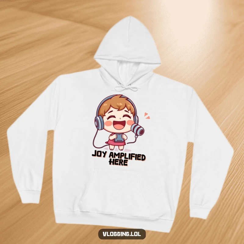 Funny hoodie illustrating a cheerful character laughing uproariously while speaking into a recording device, full of mirth.