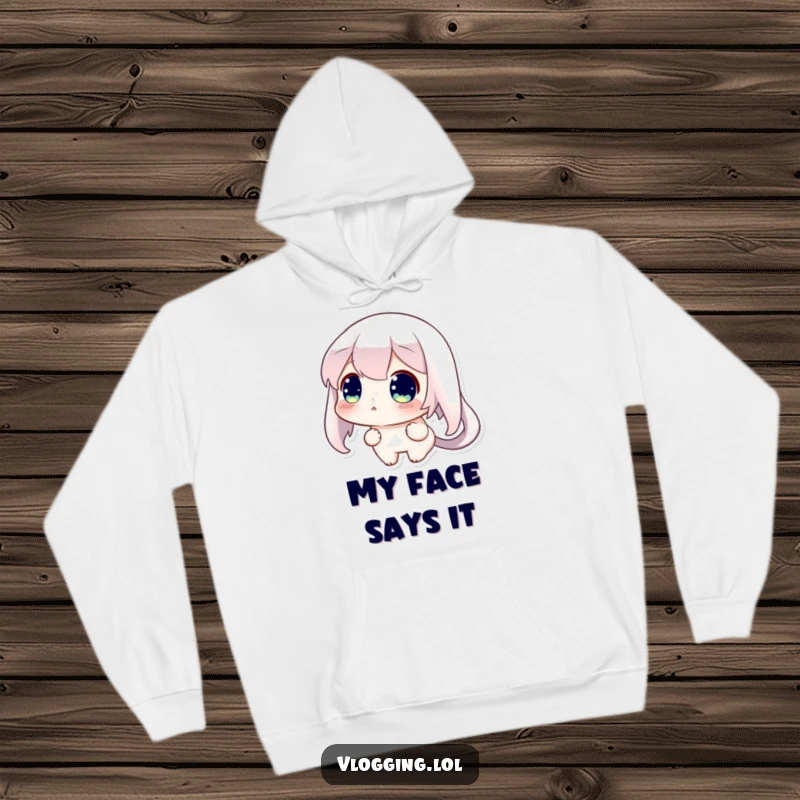 Funny hoodie depicting a curious character with an astonished expression while staring at their personal screen.