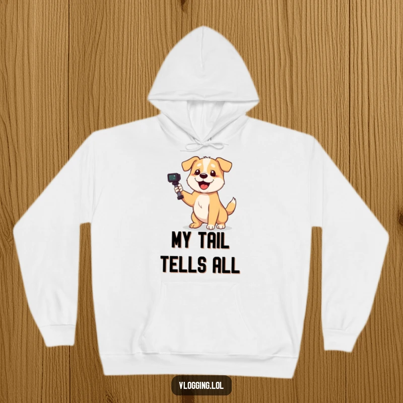 Funny dog hoodie featuring a playful dog wagging its tail enthusiastically while filming, cozy creator wear.