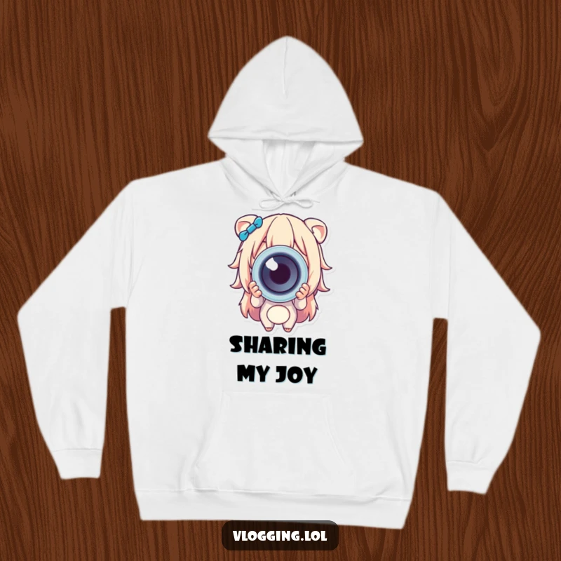 Funny hoodie features a happy character offering a brightly colored object to the viewer, symbolizing joy and sharing.