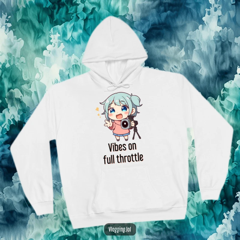 Funny hoodie depicting a happy, animated character gesturing wildly while intensely speaking into a camera lens.