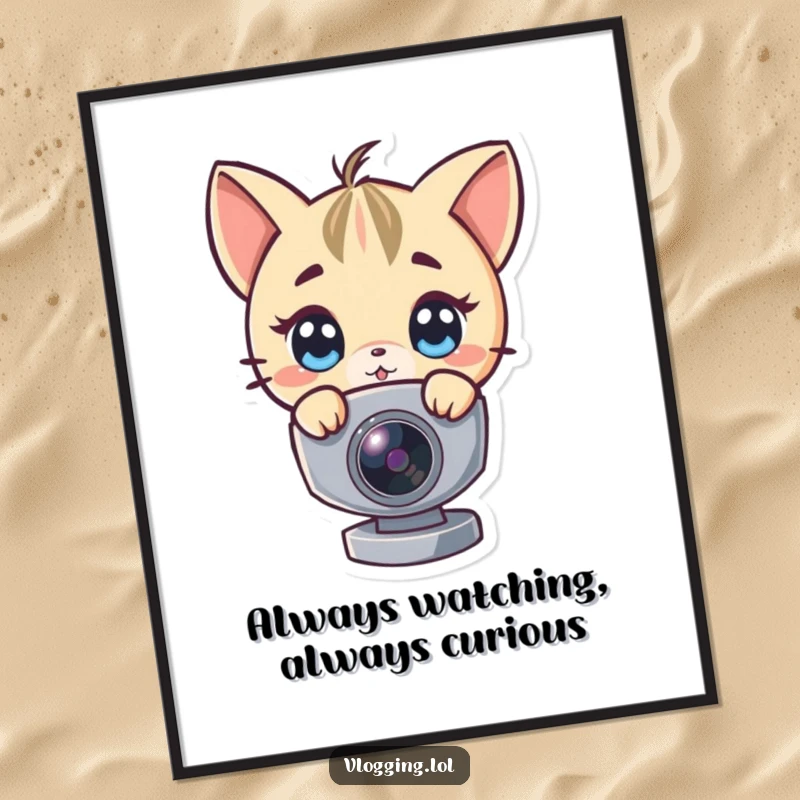 Funny Free Printable Wall Art: Wide-eyed character peering curiously over a webcam frame, adding a touch of playful mystery to your decor.