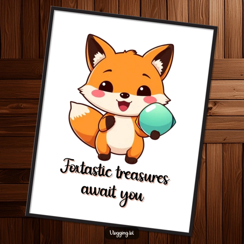 Funny Free Printable Wall Art of a smiling fox enthusiastically showing off a bright, eye-catching object.