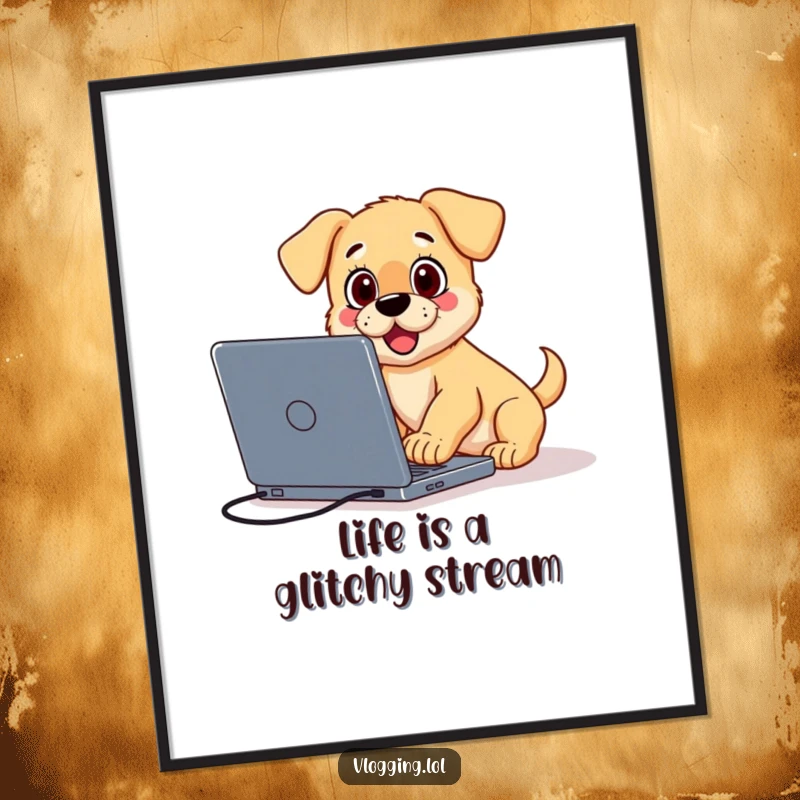 Funny Free Printable Wall Art: A surprised puppy tripping over a laptop while vlogging, humorous pet-themed decor.