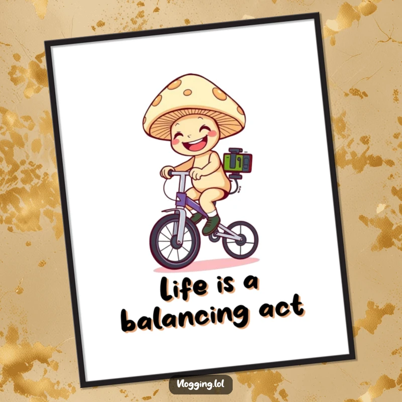Funny Free Printable Wall Art: A grinning mushroom expertly riding a tiny unicycle while balancing filming equipment.