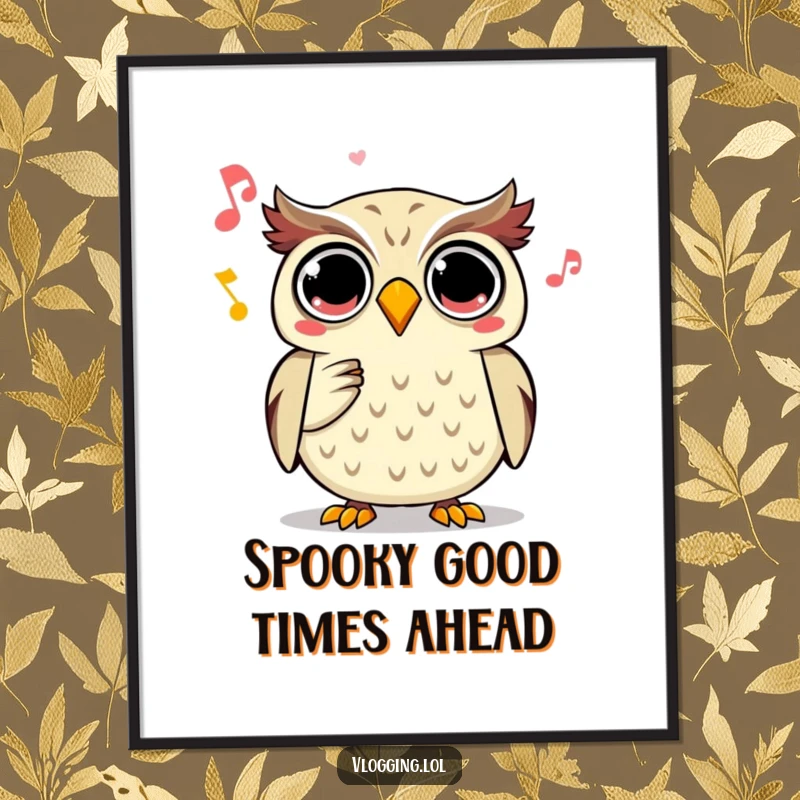 Funny Free Printable Owl Wall Art: Joyful owl recording spooky sound with wide eyes, a downloadable print.