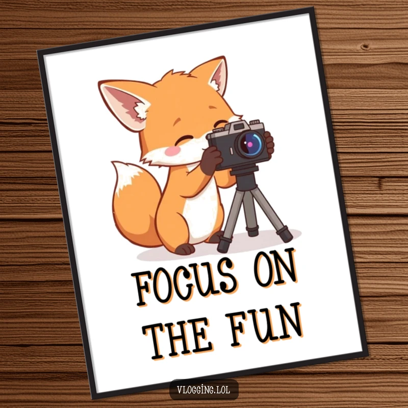 Funny Free Printable Wall Art: Curious fox meticulously adjusting a small camera, capturing candid moments with a playful gaze.