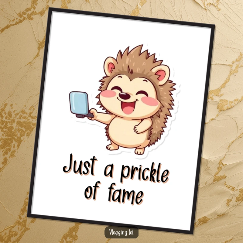 Funny Free Printable Wall Art: A giggling hedgehog gleefully holding a selfie stick, humorous quirky decor.