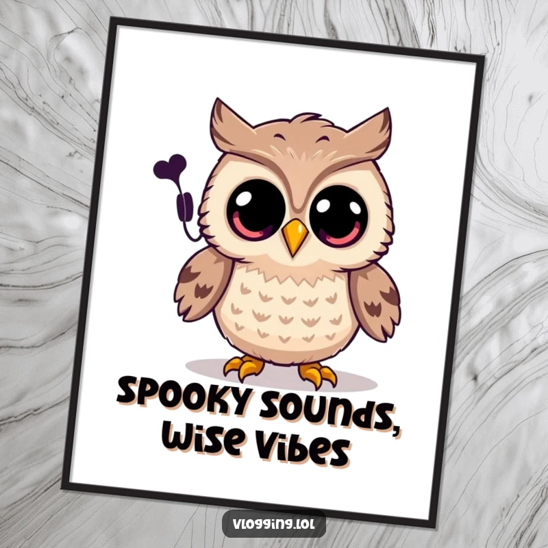 Funny Free Printable Wall Art: Joyful owl with wide eyes records a spooky sound, creating a delightfully eerie atmosphere.