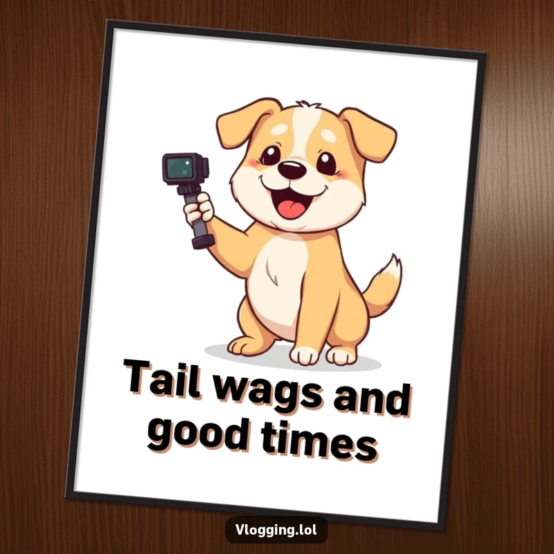 Funny Free Printable Wall Art: Playful dog wags its tail enthusiastically while holding a camera and filming content.