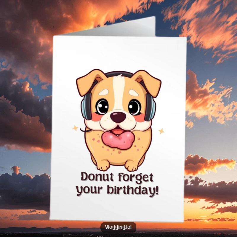 Funny Free Printable Birthday Card: Surprised bagel with headphones, about to be gobbled by a happy, playful dog.