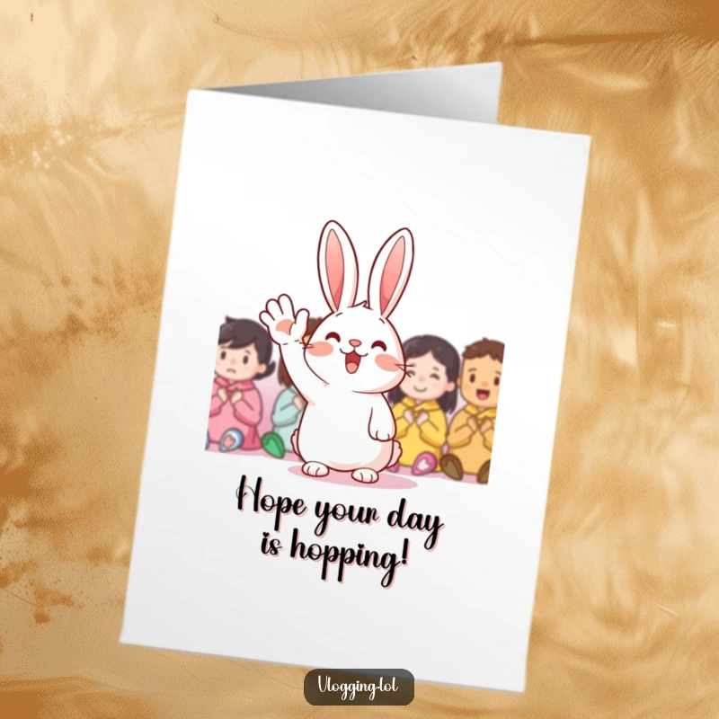Funny Free Printable Birthday Card: Cheerful rabbit waving enthusiastically, ready to celebrate your special day with a smile.