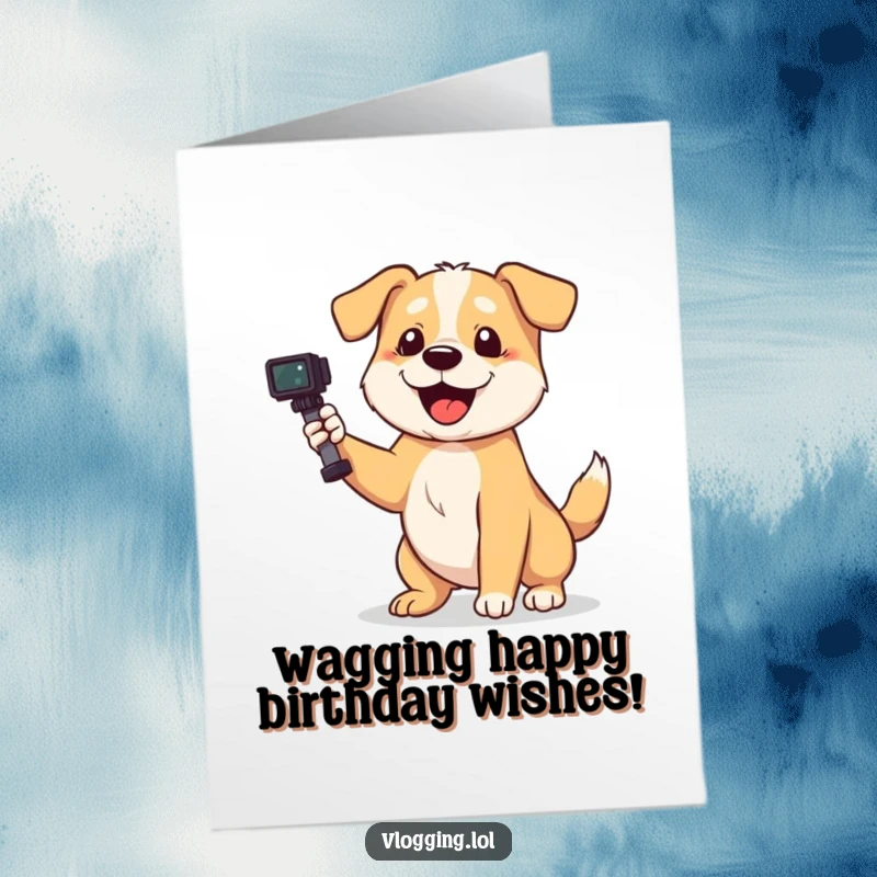 Funny Free Printable Birthday Card: Playful dog wags its tail enthusiastically while holding a camera and filming.