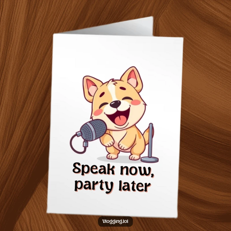 Funny Free Printable Birthday Card: Energetic dog passionately barking into a microphone, ready to perform.