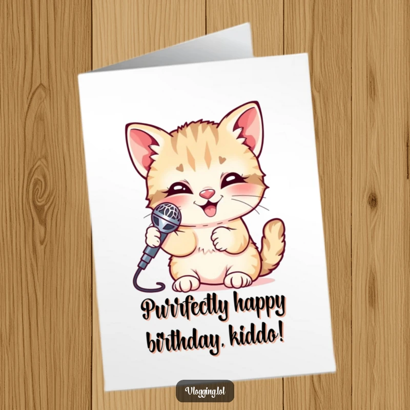 Funny Free Printable Giggling Kitten Birthday Card: A cute kitten giggles joyfully while holding a shiny microphone, ready to sing.