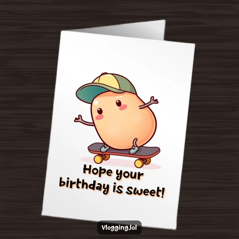 Funny Free Printable Birthday Card: Wobbly jelly bean in a cap, falling off a skateboard with a surprised expression.