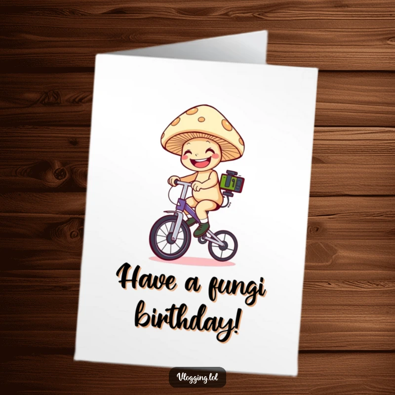 Funny Free Printable Birthday Card: Grinning mushroom riding a unicycle, filming with equipment, celebrating.