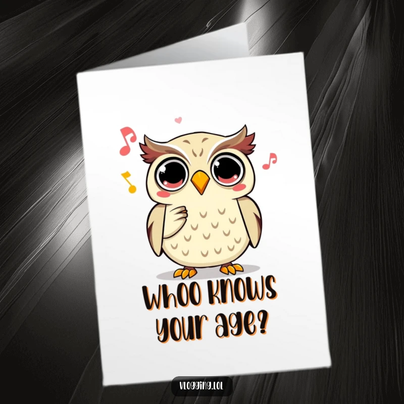 Funny Free Printable Owl Birthday Card: Joyful owl recording spooky sound with wide eyes, a downloadable gift.