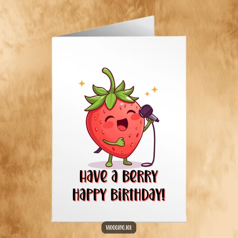 Funny Free Printable Birthday Card: Cheerful strawberry with a tiny microphone, belting out a song at a concert.