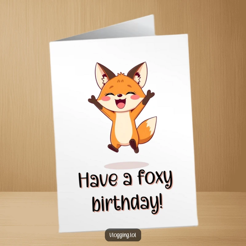Funny Free Printable Birthday Card: A joyful fox leaping dramatically for a vlogging intro, energetic and fun.
