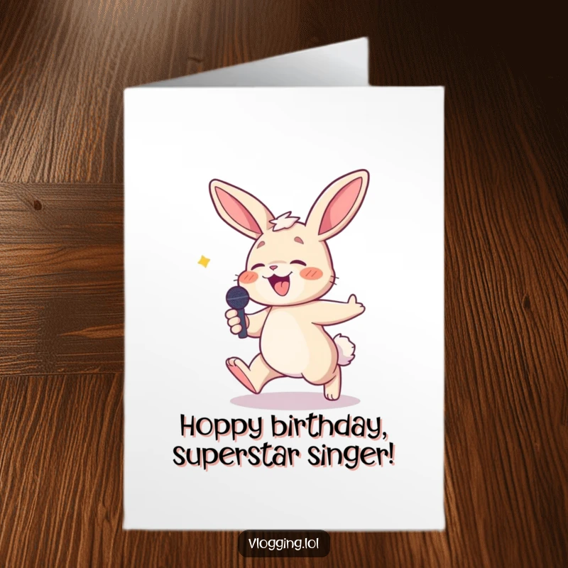 Funny Free Printable Birthday Card showing a clumsy bunny mid-trip, microphone in paw, bursting into laughter.