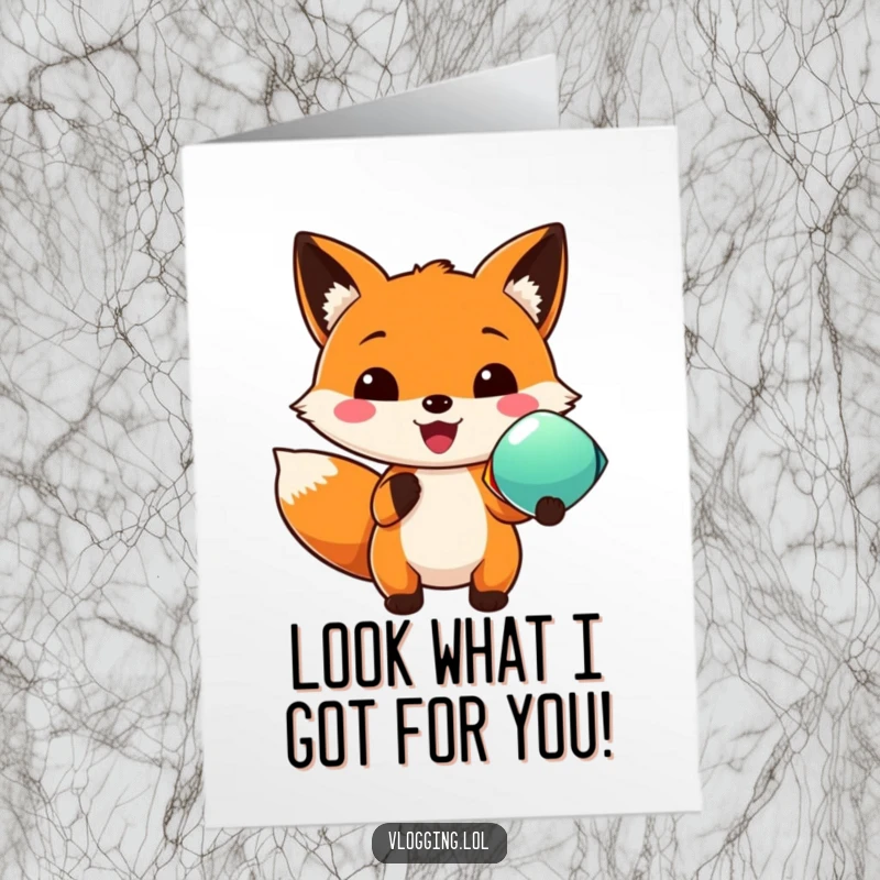 Funny Free Printable Birthday Card featuring a grinning fox holding a vibrant gift, ready to celebrate.