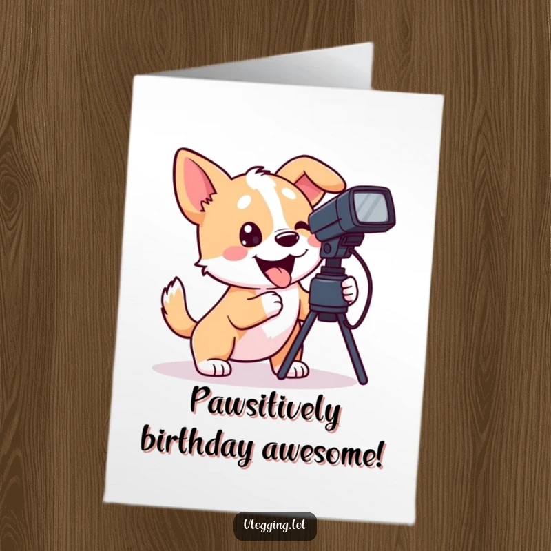 Funny Free Printable Dog Birthday Card: Playful dog wagging tail while filming, a downloadable birthday gift.