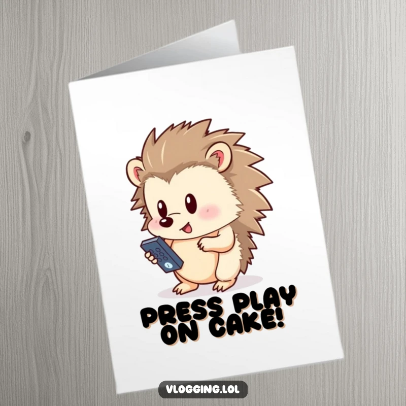 Funny free printable birthday card featuring a curious hedgehog intently pressing a button on a small remote control.