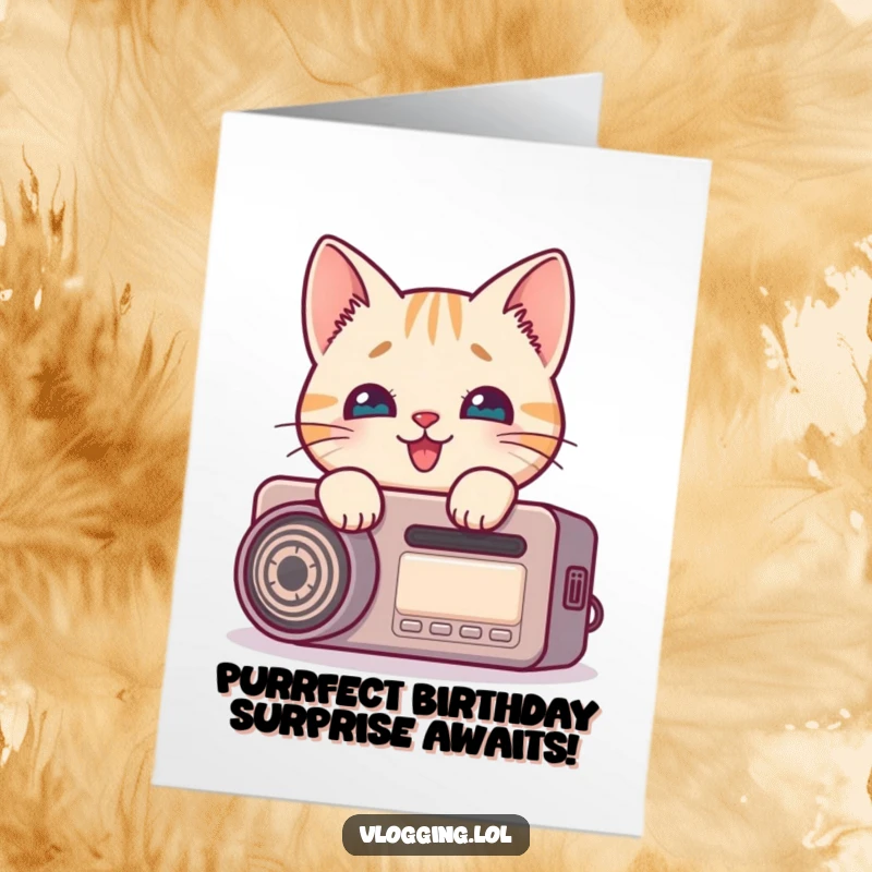 Funny free printable birthday card: A curious cartoon cat peeking around a recording device with wide, delighted eyes, ready for fun.