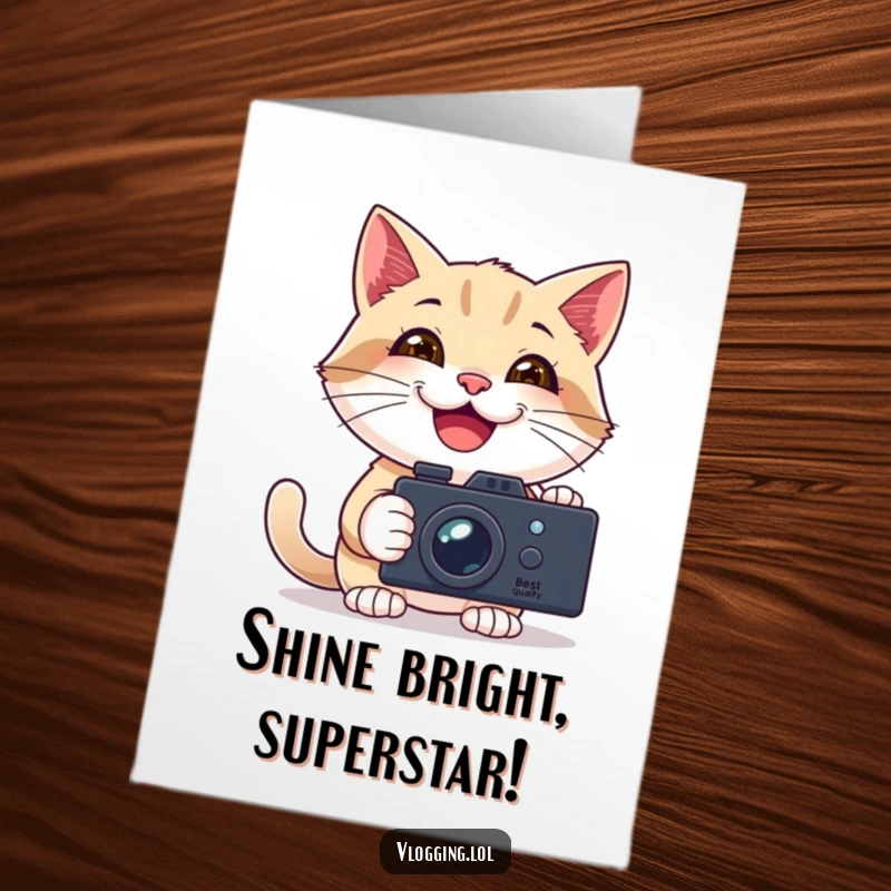 Funny Free Printable Birthday Card: Happy cat filming itself with a camera, smiling, celebrating a birthday, a downloadable fun message.