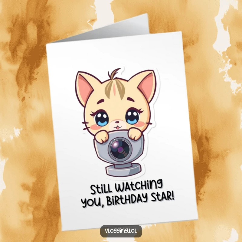 Funny Free Printable Birthday Card: Wide-eyed character peeking curiously around a webcam, ready to wish you a happy birthday.