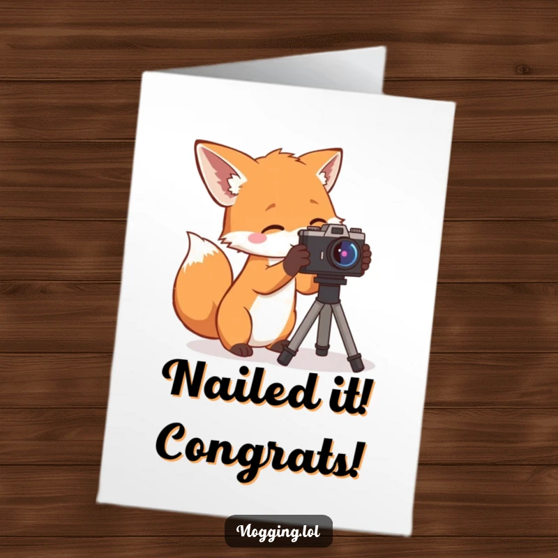 Funny Free Printable Congrats Card: Curious fox setting up a camera, ready to record your fantastic achievement.