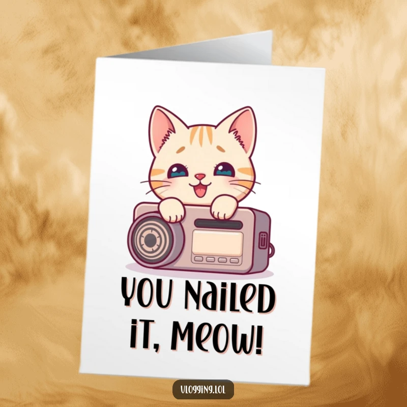 Funny free printable congratulations card: A curious cartoon cat peeking around a recording device, showing pure delight at good news.