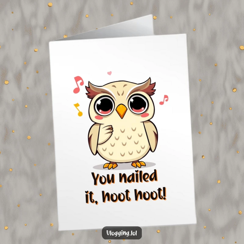 Funny Free Printable Owl Congratulations Card: Joyful owl records spooky sound, celebrating success with downloadable art.