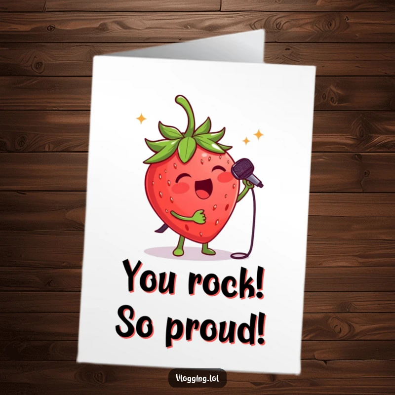 Funny Free Printable Congrats Card: Cheerful strawberry with a microphone, performing a hit song for a cheering crowd.