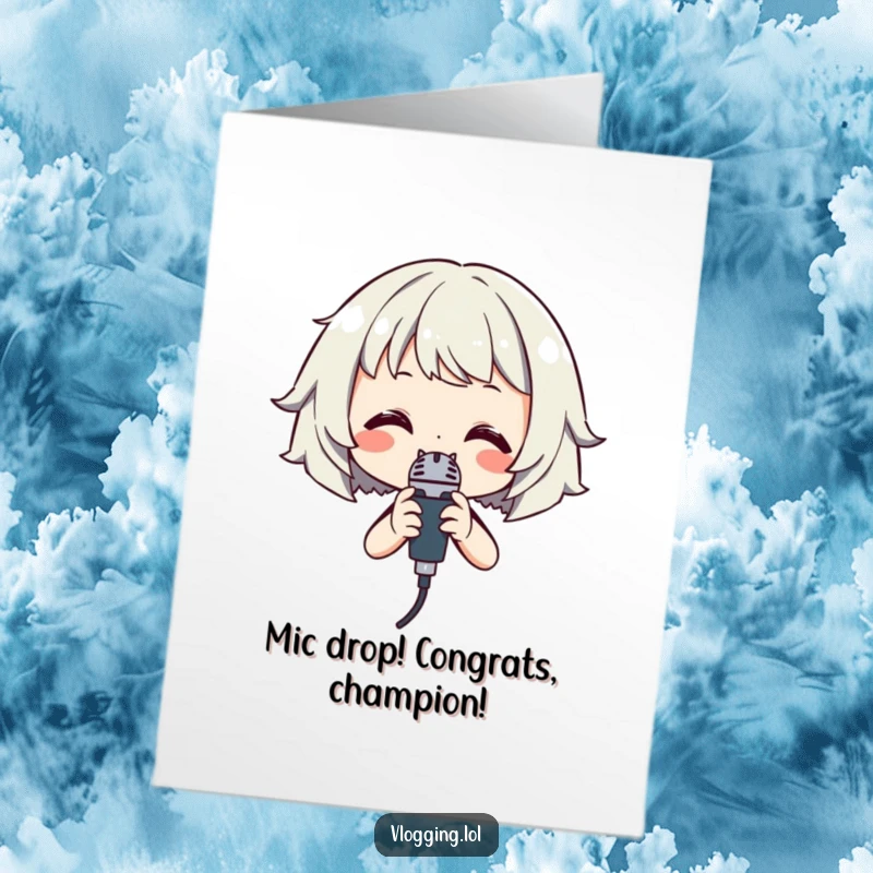 Funny Free Printable Congratulations Card: Smiling character holding a microphone, celebrating a fantastic achievement with flair.