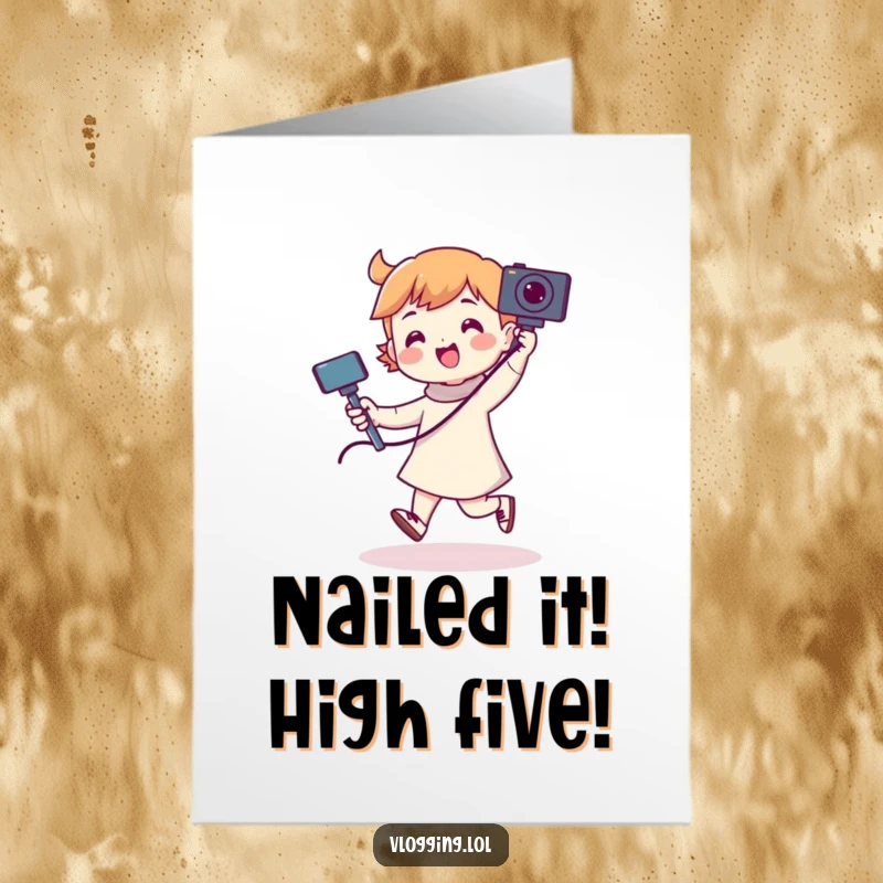 Funny Free Printable Congratulations Card: Character joyfully dancing with a selfie stick, capturing a celebratory moment.