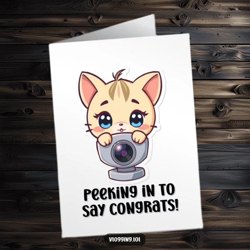 Funny Free Printable Congratulations Card: Chubby-cheeked character peeking around a webcam, expressing surprised excitement for your success.